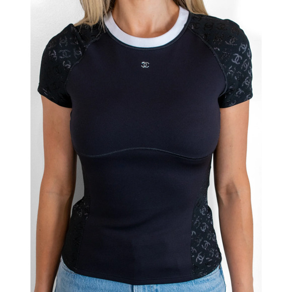 Chanel 24C Black White Crystal CC Logo Neoprene Stretch Jersey Top T Shirt 38 - Picture 1 of 16